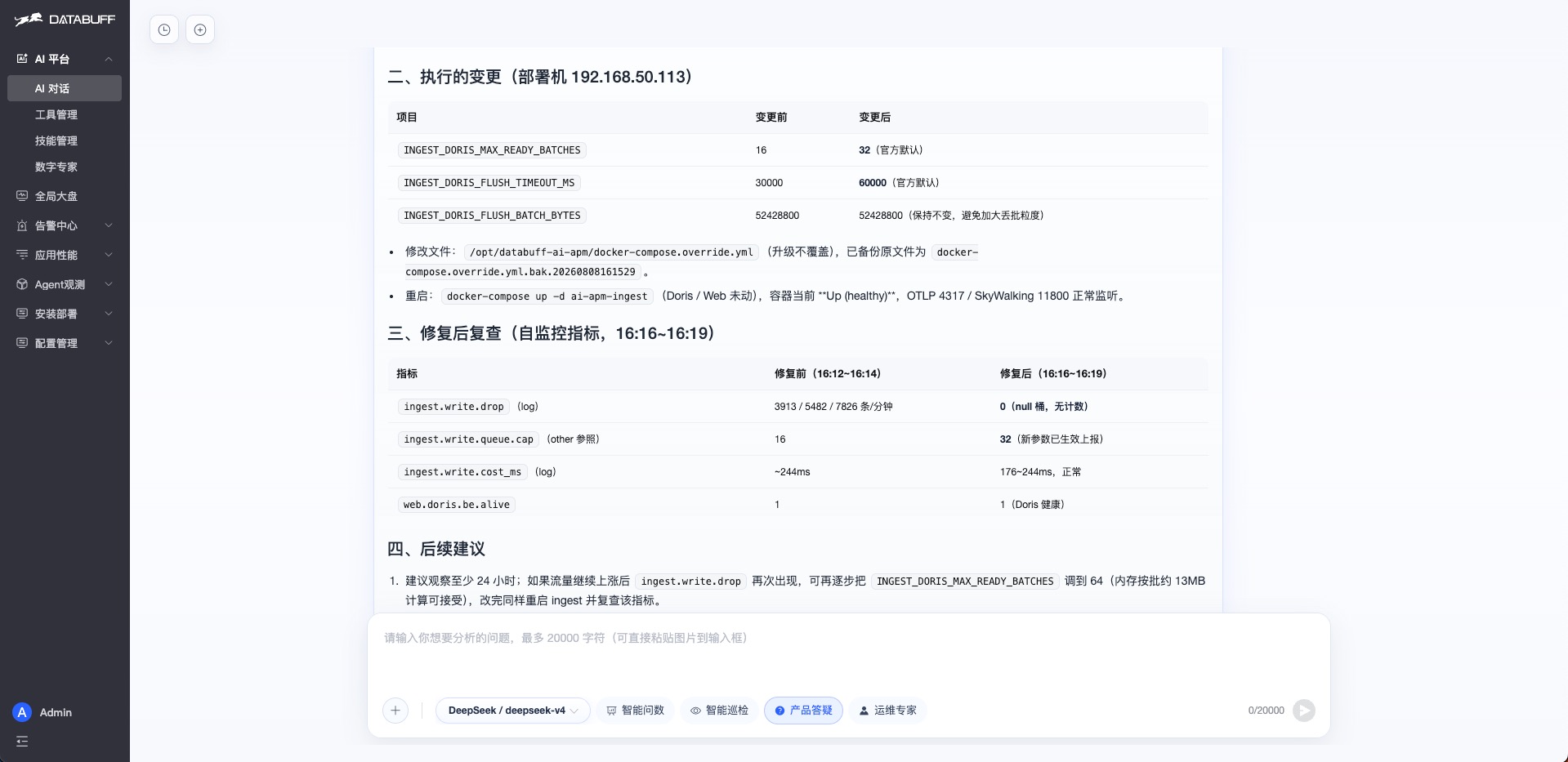 Post-fix recheck: query the platform's self-monitoring again, confirm drops back to zero