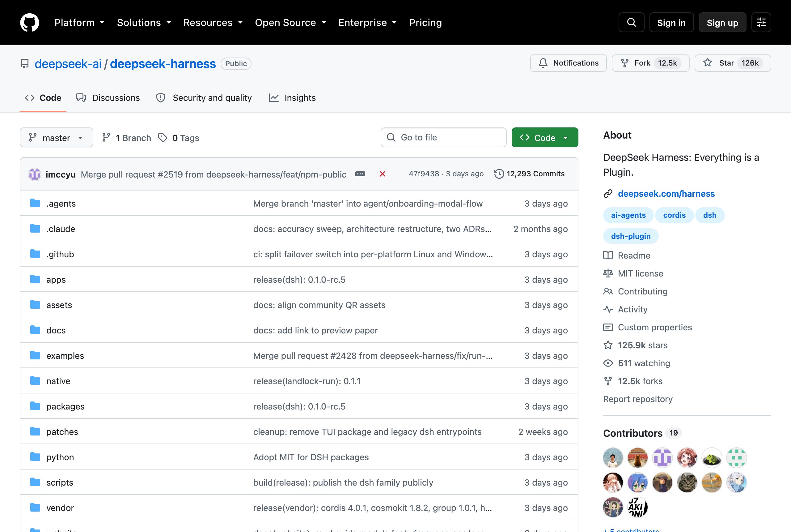 GitHub deepseek-ai/deepseek-harness repo page at 126k stars