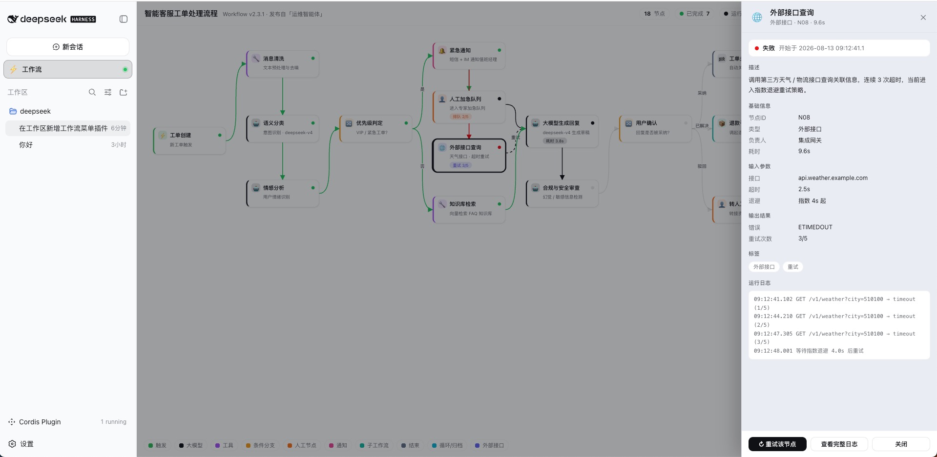 Failed node opens a drawer with timeout and retry logs