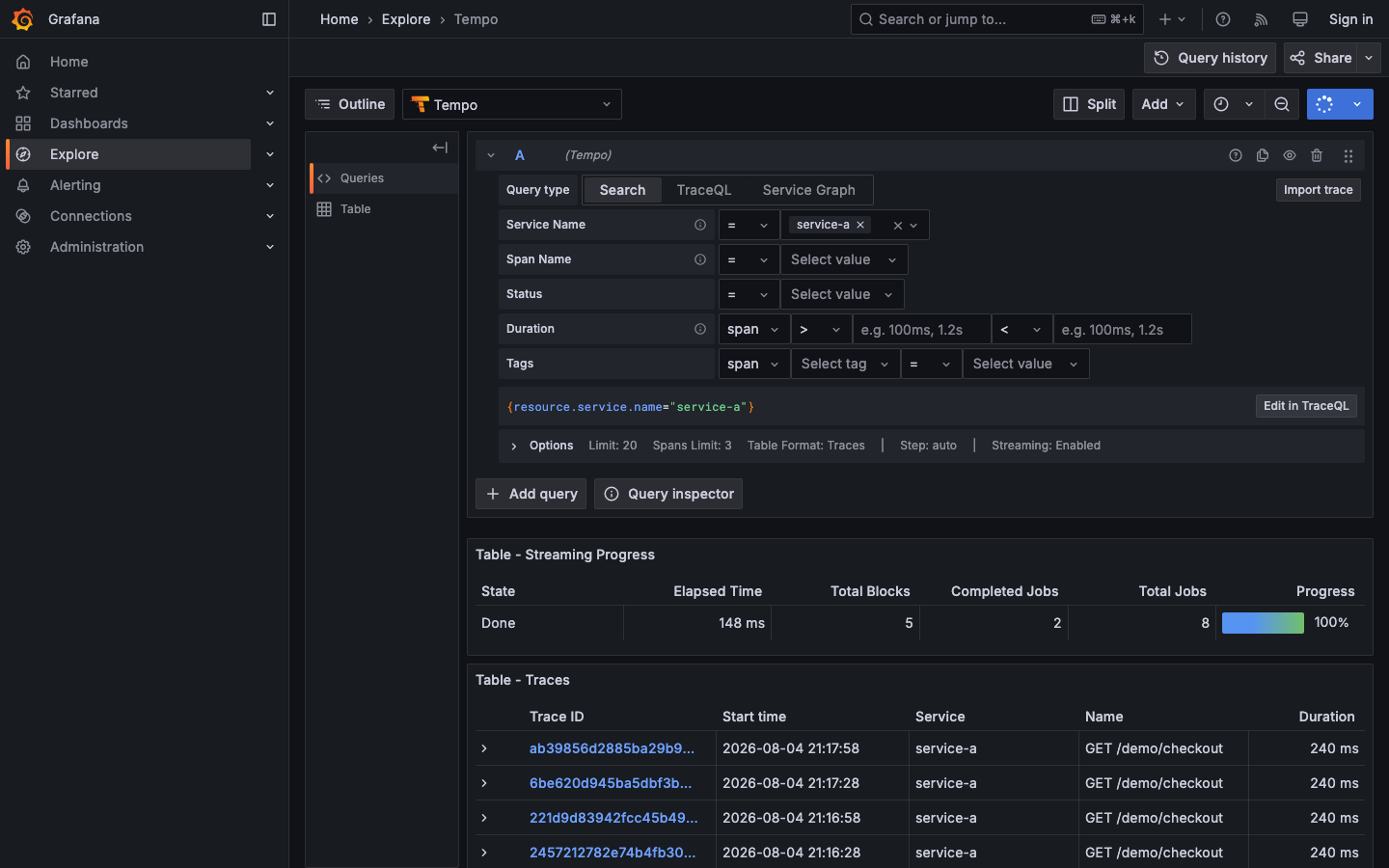 Grafana Tempo 搜索 trace 列表