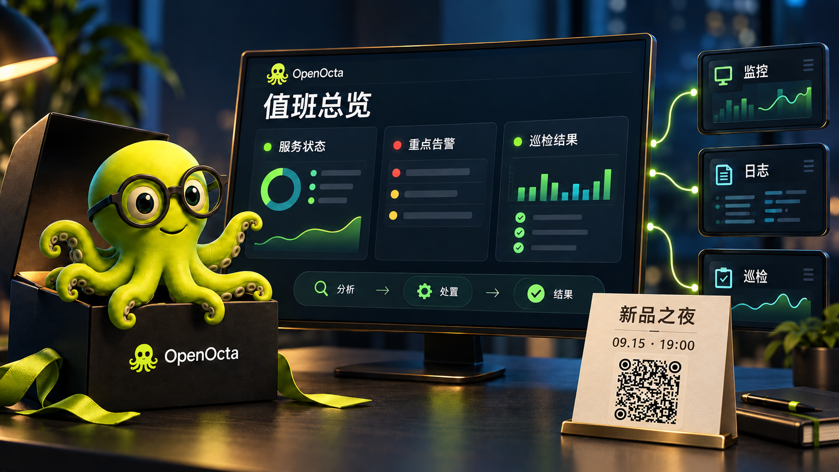 OpenOcta launch invitation with September 15, 19:00 and the event QR code
