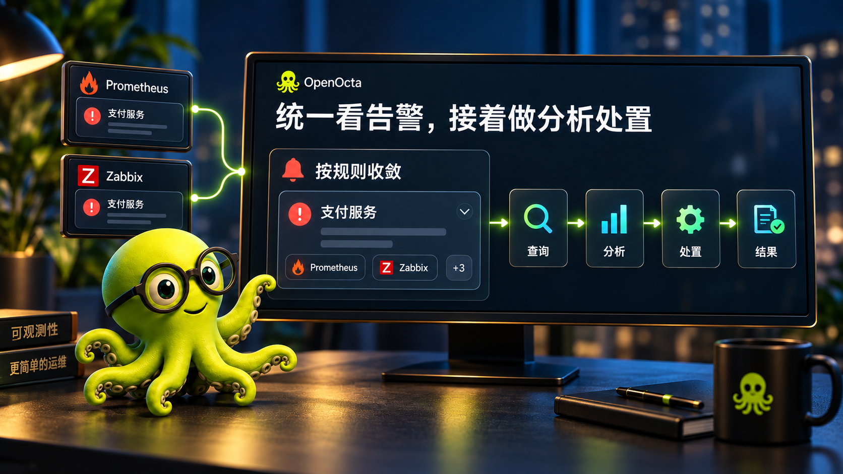 Incoming alerts are grouped by rules and connected to a handling workflow
