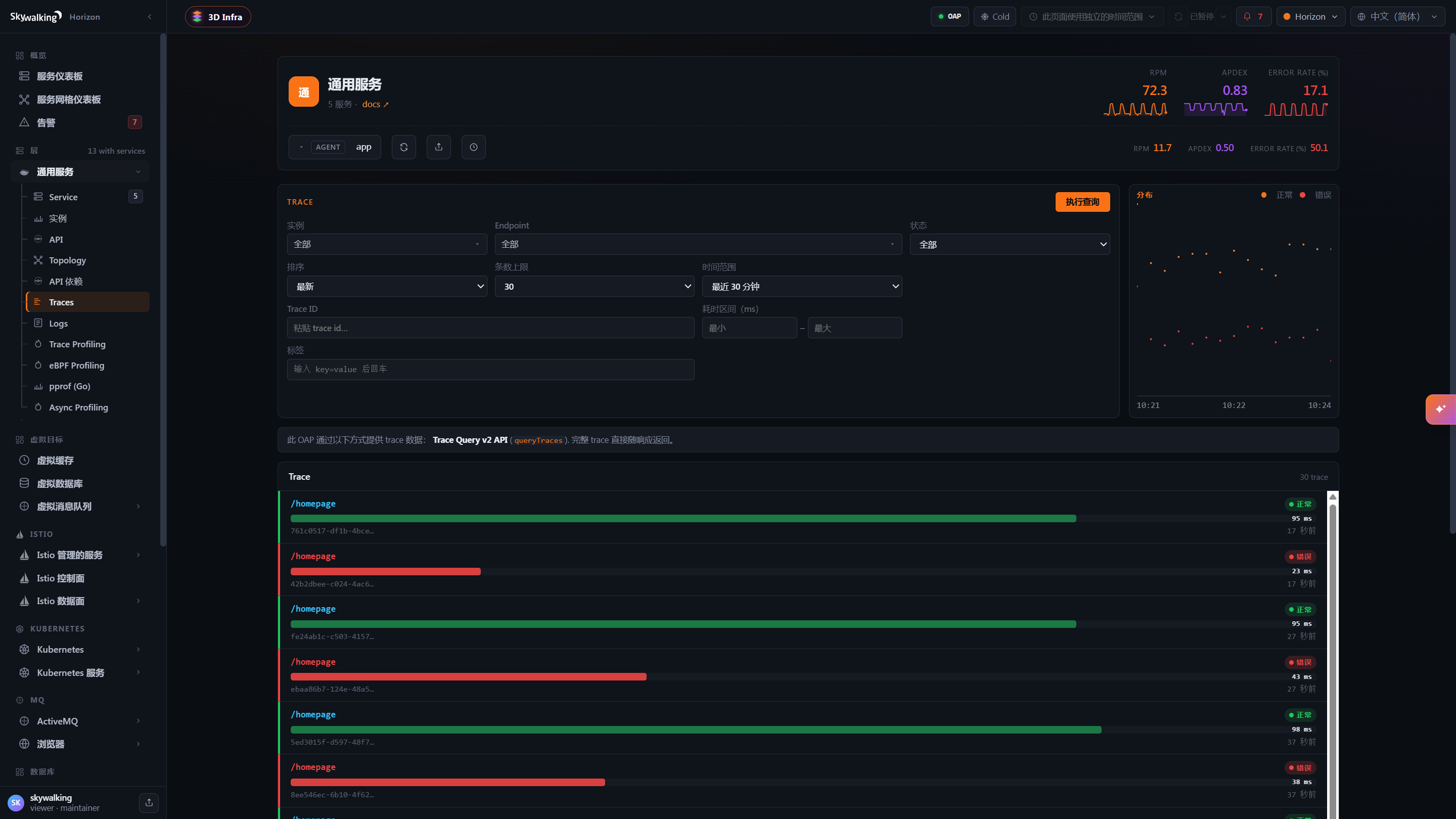 图 2-3 · Trace 列表展示 /homepage 等 Endpoint 的耗时条(绿色正常、红色错误),可进一步点开查看 Span 瀑布图定位慢调用。