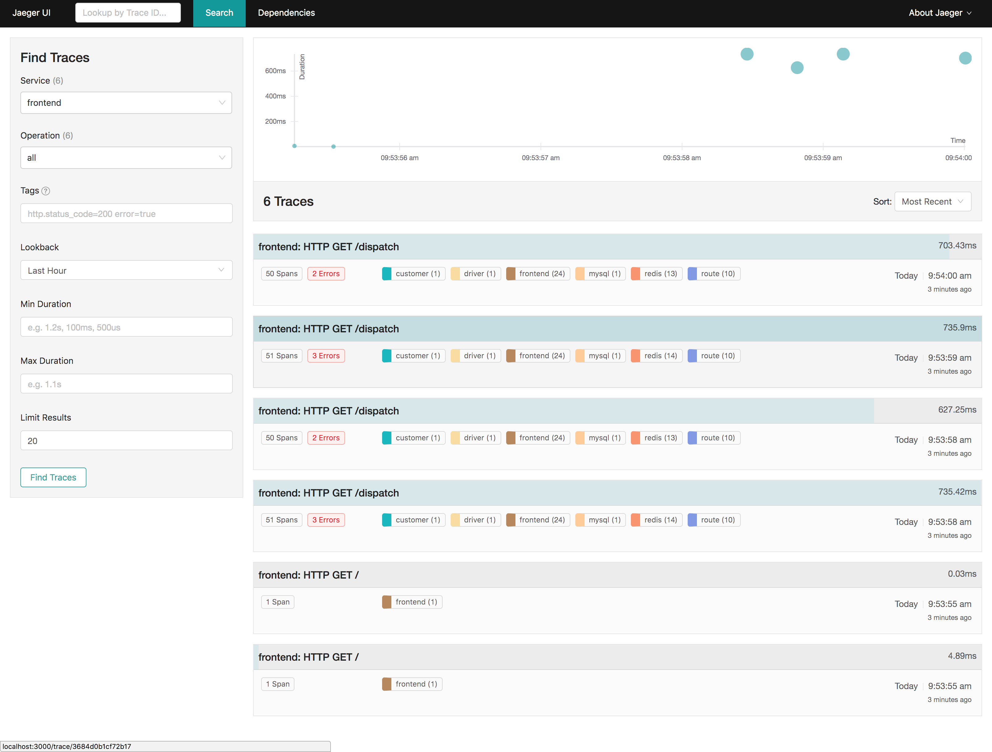 Jaeger UI · trace search and service filter