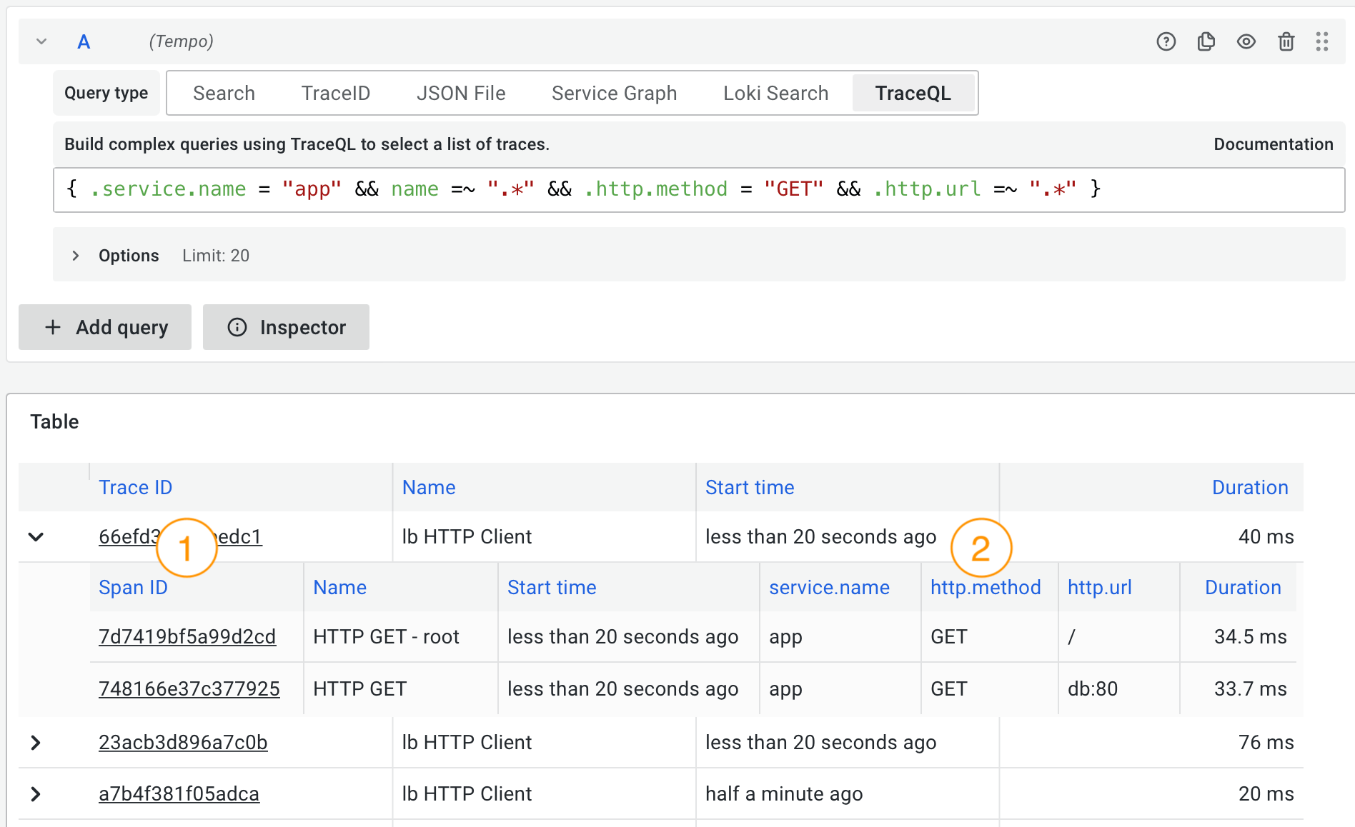 Grafana + Tempo · TraceQL search results in Explore