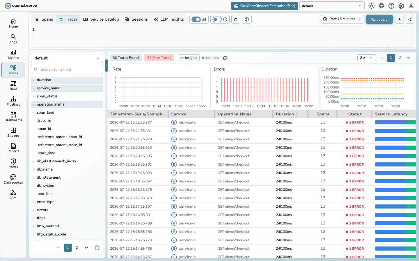 OpenObserve Trace 列表