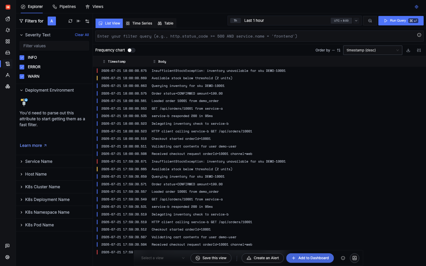 SigNoz Logs Explorer